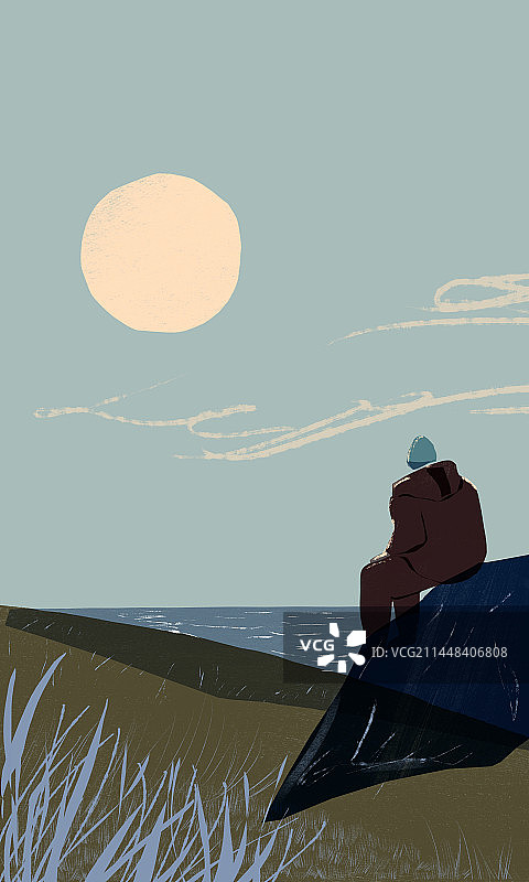 孤独的男人在海边石头上远望插图图片素材