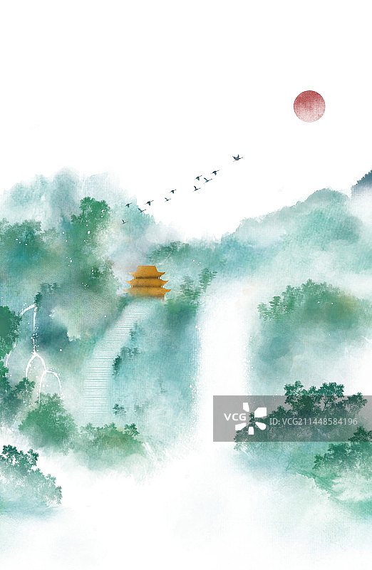 绿色山水寺庙中式插画图片素材
