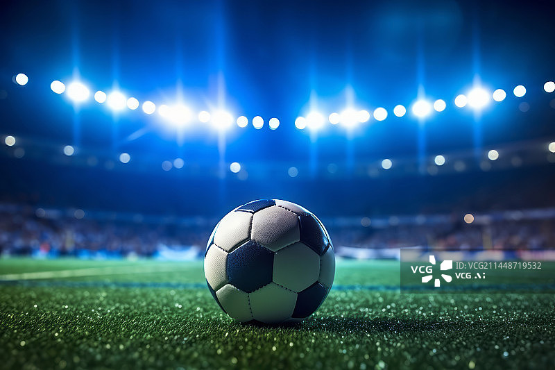 【AI数字艺术】灯光下的体育场足球场草地与足球图片素材