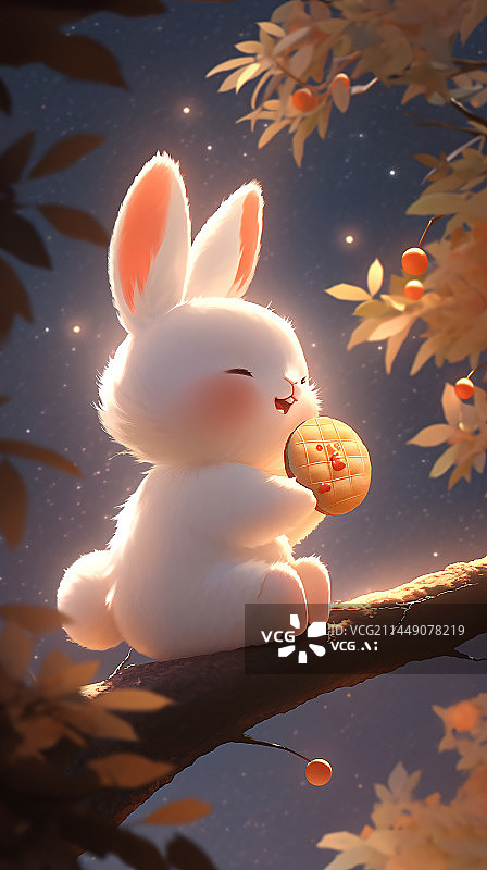 【AI数字艺术】中秋节兔子在树枝上吃月饼赏月插画图片素材