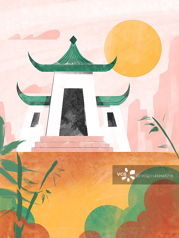 国风肌理中国古建筑插画图片素材