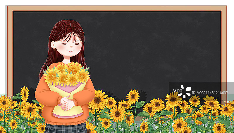 教师节插画黑板前手捧鲜花的老师图片素材