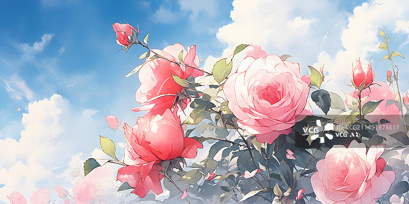 【AI数字艺术】蔷薇花玫瑰花花海蓝天广角清新场景插画图片素材