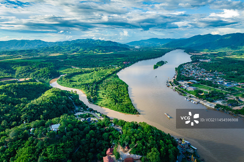 泰国缅甸老挝金三角湄公河航拍景观图片素材