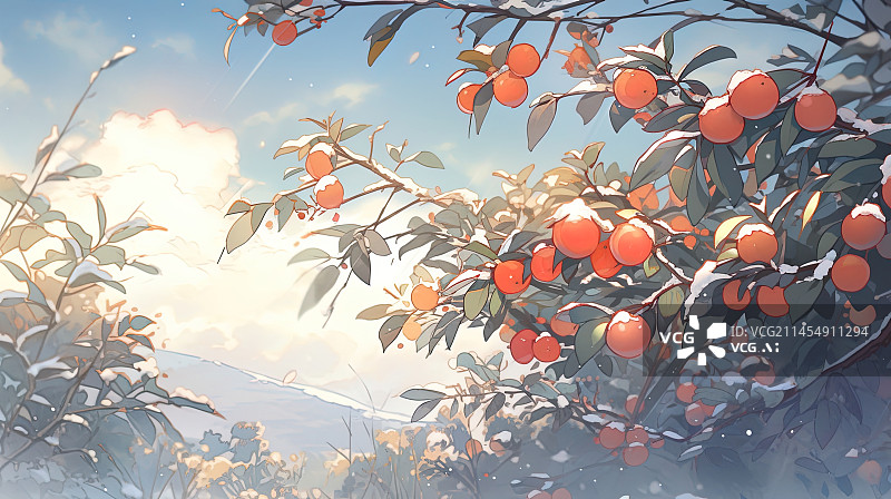 【AI数字艺术】果林里的橘红色果实插画图图片素材