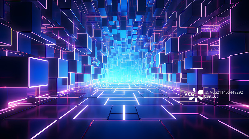 【AI数字艺术】数码科技超现实网格空间霓虹灯网页PPT背景图片素材