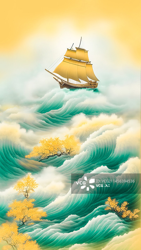 【AI数字艺术】金色帆船在云海上行驶图片素材