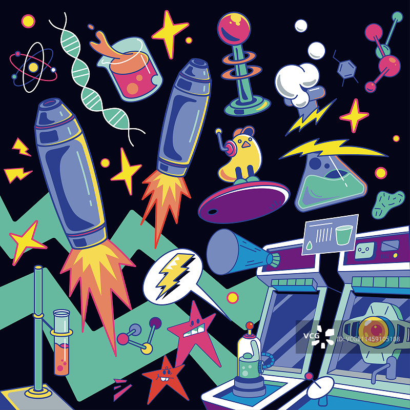 宇宙科技喷气实验室游戏机科学烧杯闪电潮流卡通扁平矢量插画图片素材