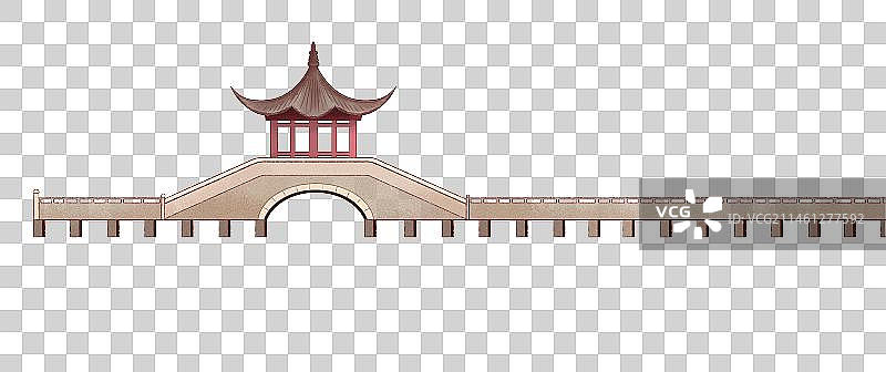 国潮中国风古建筑插画凉亭和拱桥图片素材