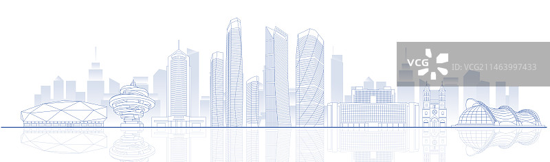 青岛城市地标建筑蓝色线稿矢量插画海报图片素材