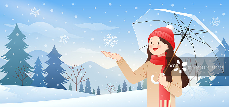 冬天下雪天里撑伞的年轻女孩伸出手接飘落的雪花和自然户外树林山坡雪地阳光背景矢量清新唯美手绘插画海报图片素材