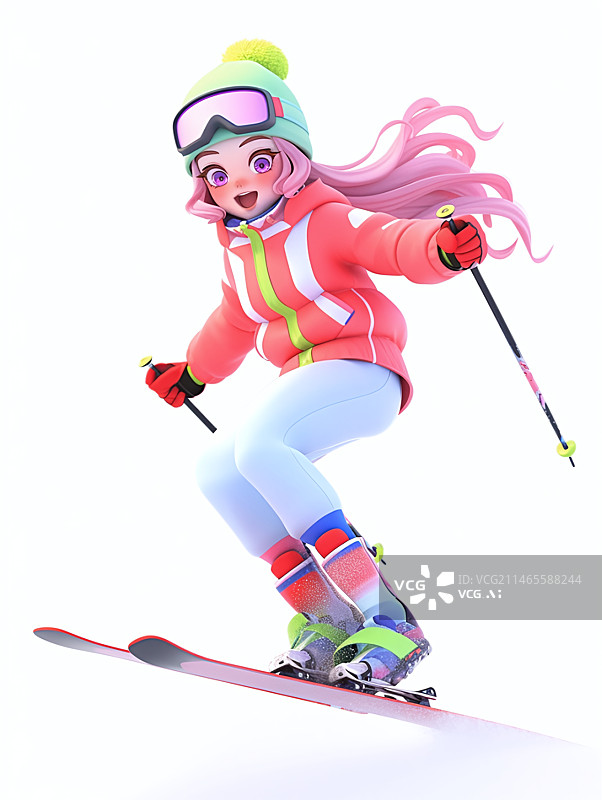 【AI数字艺术】3D渲染卡通可爱风快乐的小女孩在雪地上滑雪图片素材