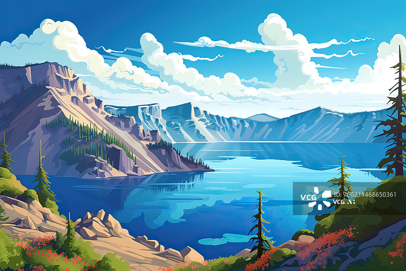 【AI数字艺术】春天美丽的湖泊插画，风景美丽的湖面场景插图图片素材