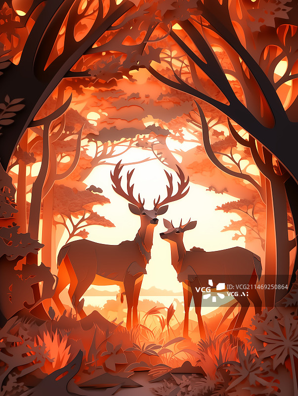 【AI数字艺术】剪纸风森林里的鹿图片素材