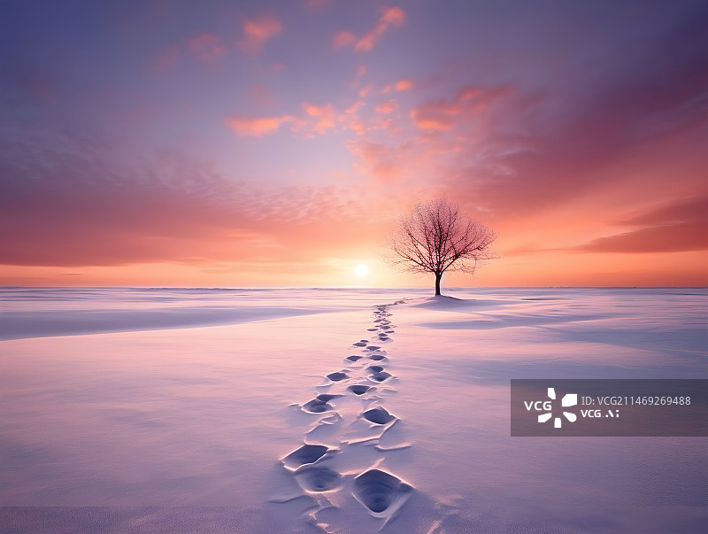 【AI数字艺术】日落下的唯美极简雪景图片素材