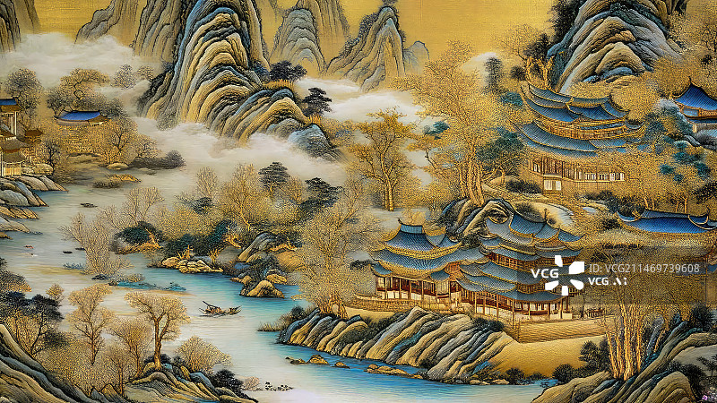 【AI数字艺术】苏绣风格的中国山水画山脉祥云景观图片素材