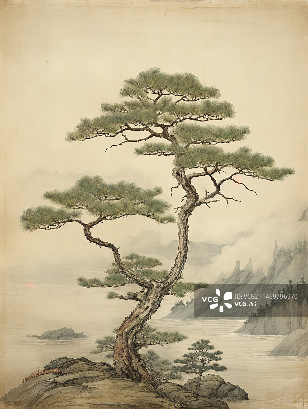 【AI数字艺术】卷轴画上的松树图片素材