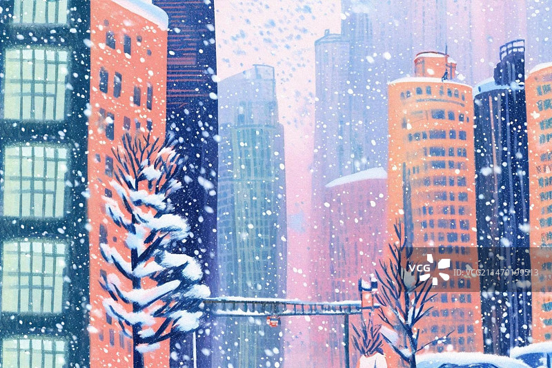 蜡笔彩铅画水彩画冬天寒冷大雪下雪上海北京大城市高楼大厦插画图片素材