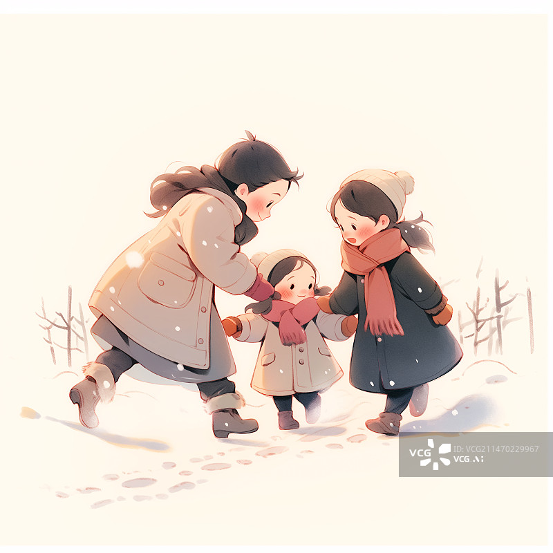 【AI数字艺术】妈妈陪两个女儿在雪地里玩耍温馨插画图片素材