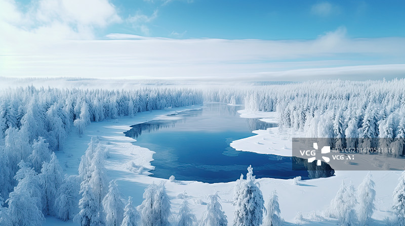 【AI数字艺术】东北大雪冰冻河流树林远处山一片白色图片素材