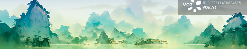 【AI数字艺术】中国风长图插画，典雅别致，青绿色绵延的山群，横构图图片素材