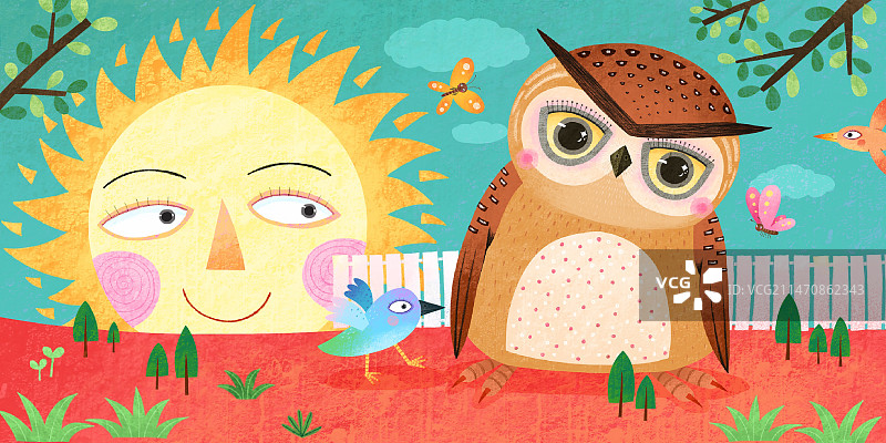 太阳和猫头鹰 萌趣可爱的动物儿童插画图片素材