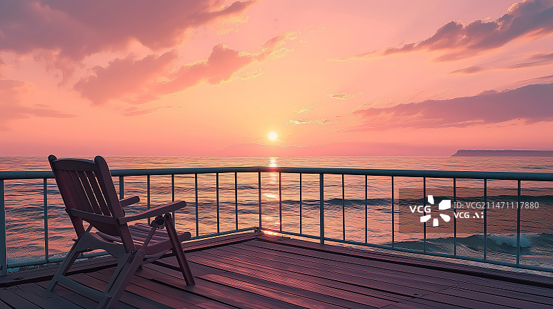 【AI数字艺术】海边夕阳粉色形容破旧的木椅看海图片素材