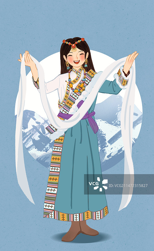 拿着哈达的藏族少女少数民族传统文化插画图片素材