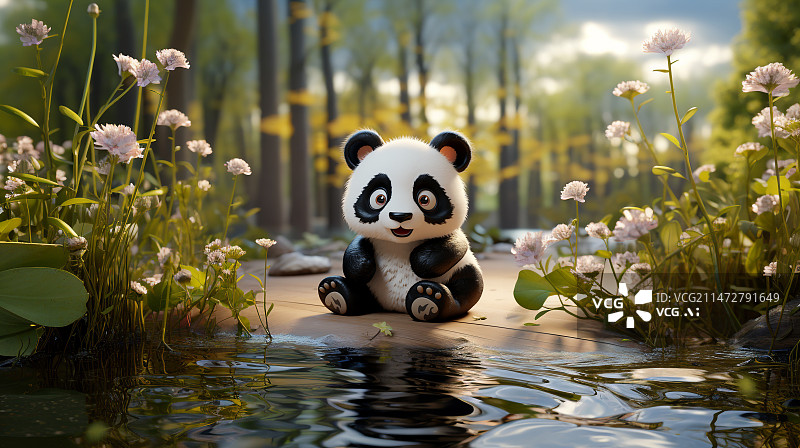 【AI数字艺术】树林里溪水边玩耍的熊猫图片素材