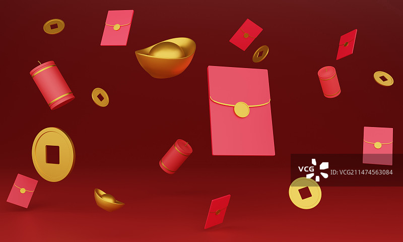 红色金色新年背景红包鞭炮铜钱元宝图片素材