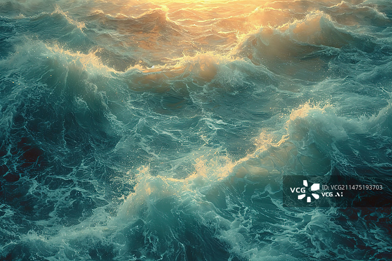 【AI数字艺术】日落时海浪的高角度视图图片素材