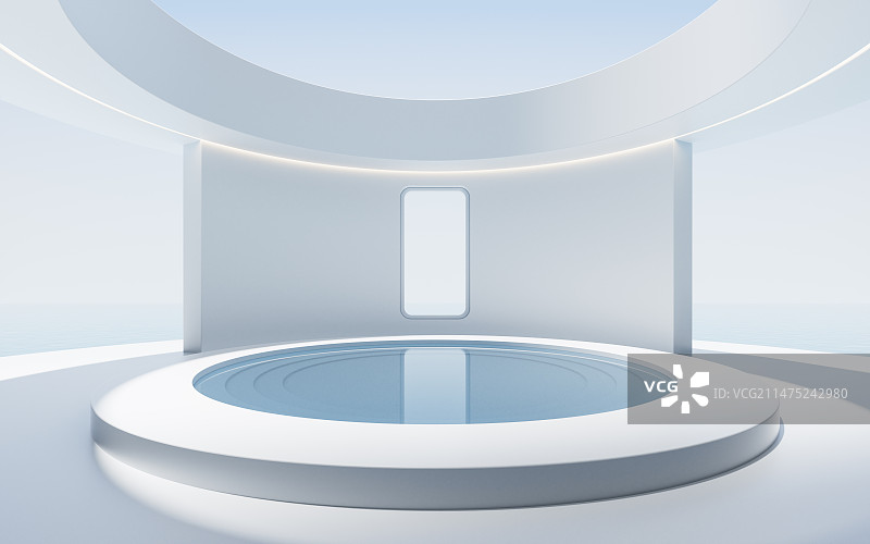 白色简约空房间与水面3D渲染图片素材