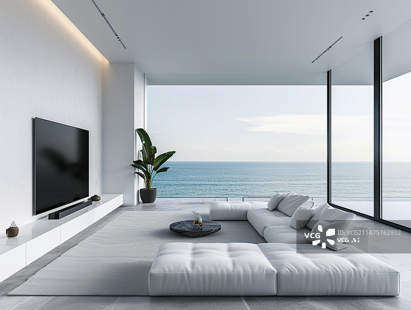 【AI数字艺术】极简黑白风格海景房客厅图片素材
