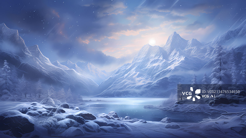 【AI数字艺术】数码天堂般的冬季与山脉场景图形海报网页PPT背景图片素材