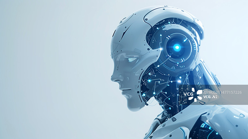 【AI数字艺术】白色背景下的未来仿生机器人头部侧面图片素材