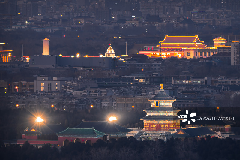 北京天安门天坛夜景全景高空拍摄图片素材