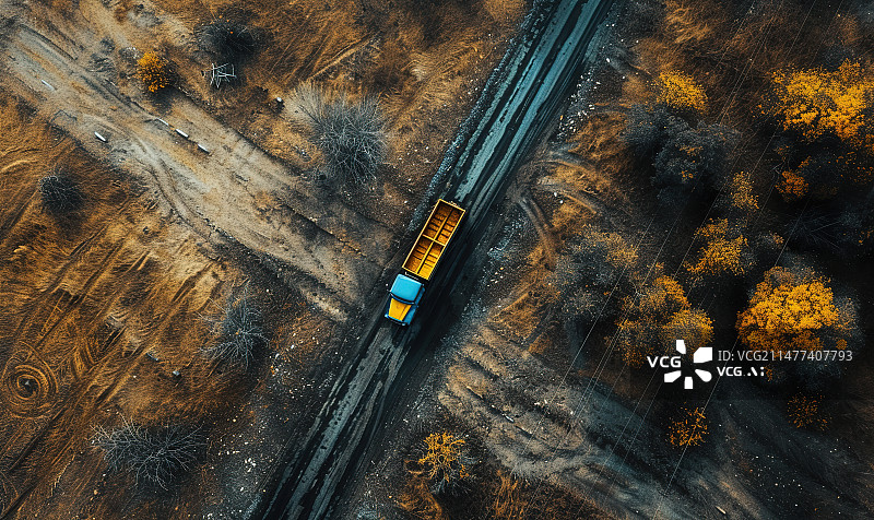 【AI数字艺术】航拍秋天的森林里的道路图片素材