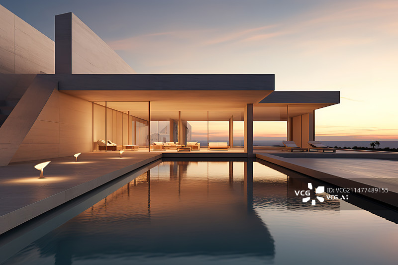 【AI数字艺术】带泳池的现代别墅建筑图片素材