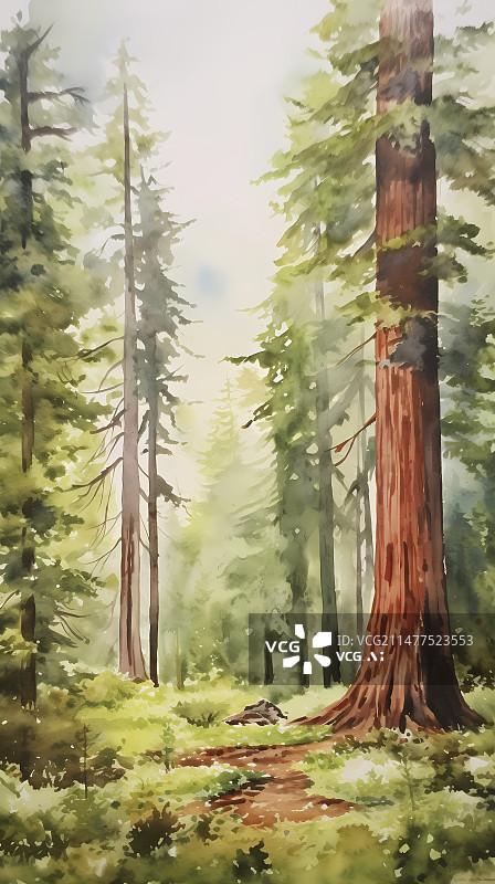 【AI数字艺术】数码水彩红杉树森林风景抽象图形海报背景图片素材