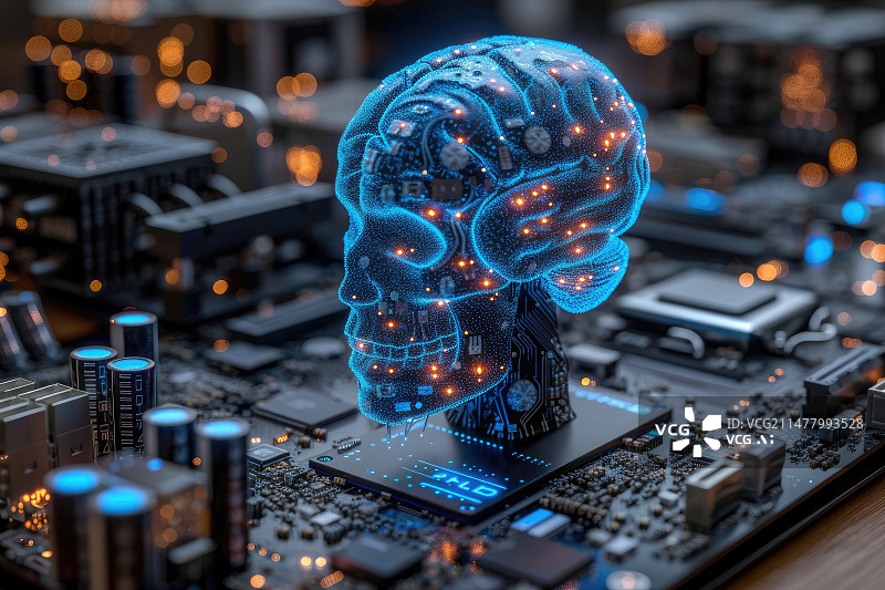 【AI数字艺术】蓝色光线勾勒的科技大脑在电路板上图片素材