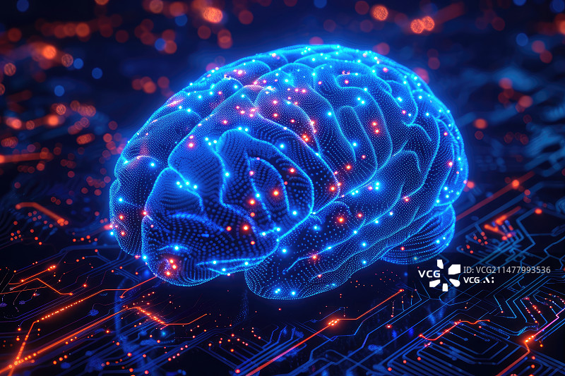 【AI数字艺术】光点闪耀的蓝色数字大脑图片素材