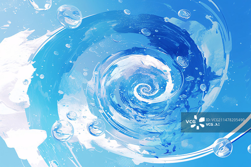 【AI数字艺术】水中的涟漪，蓝色带气泡的水波插画图片素材