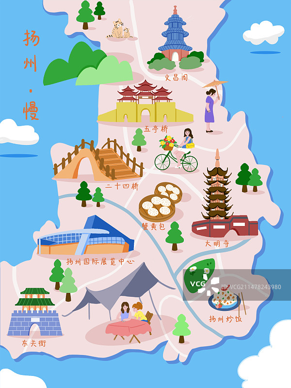 扬州梦想的城市地标景点手绘插画图片素材
