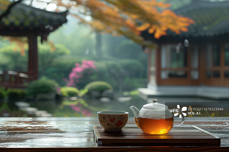 【AI数字艺术】园林中一张木桌上摆放着茶具喝茶的场景图片素材