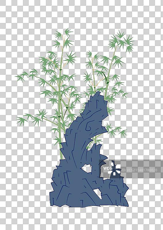 国风植物插画元素-假山石和竹子图片素材