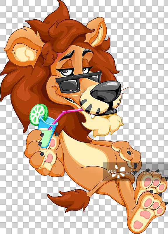 滑稽的狮子戴着墨镜喝果汁图片素材