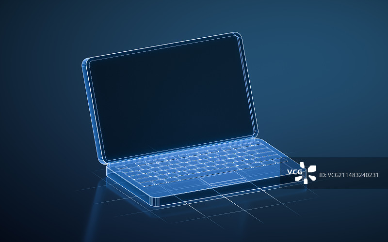 笔记本电脑与蓝色科技背景3D渲染图片素材