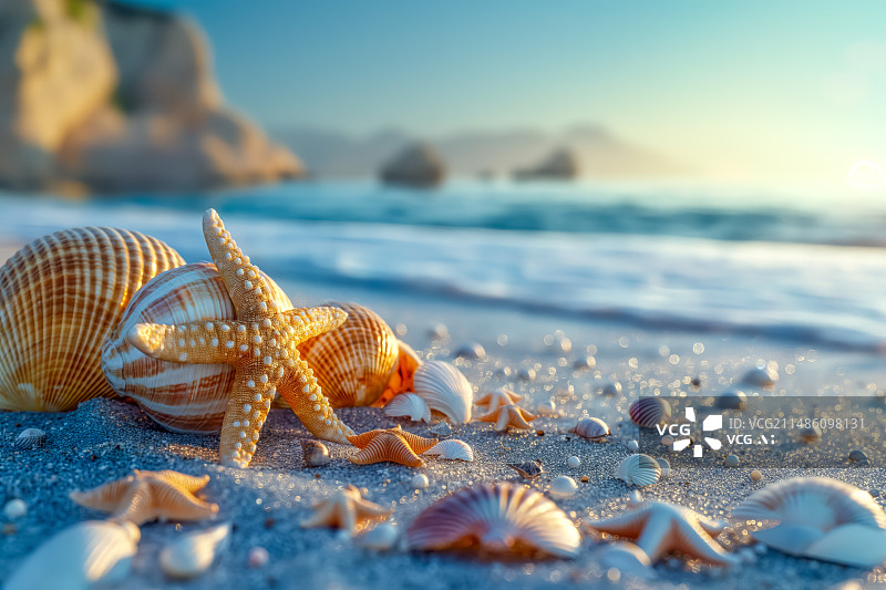 【AI数字艺术】海边的贝壳和海星图片素材