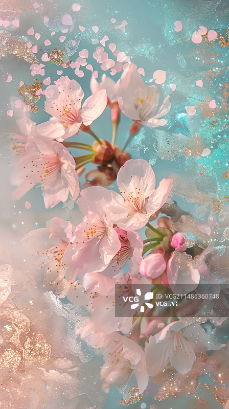 【AI数字艺术】春天盛开粉色樱花点缀清透浅蓝水面图片素材