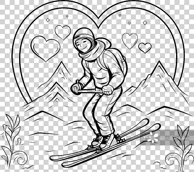 滑雪者在山间的线条艺术风格图片素材